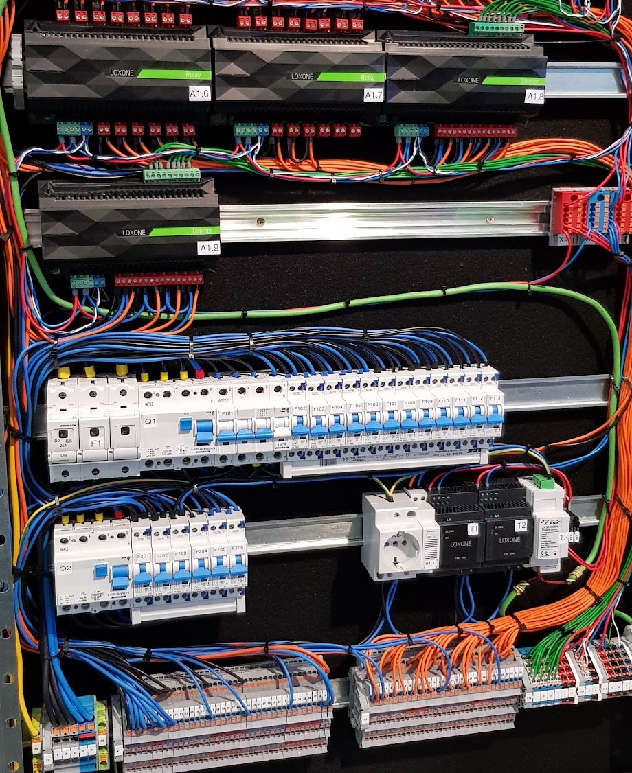 Tablou electric de smart home cu module Loxone, protecții și conexiuni organizate