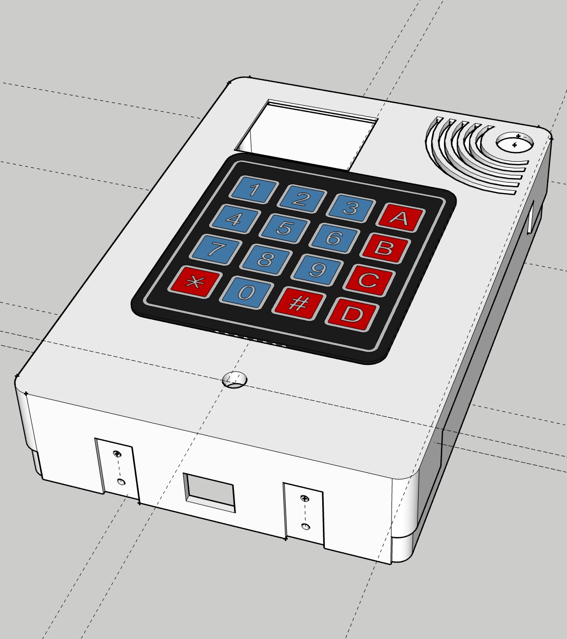 Model 3D pentru o carcasă de prototip cu tastatură, afișaj, zonă de senzor și acces la module